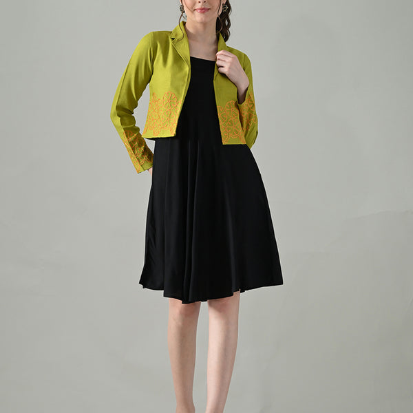 Myshka Women Green Embroidered Jacket With Black Knee Length Dress