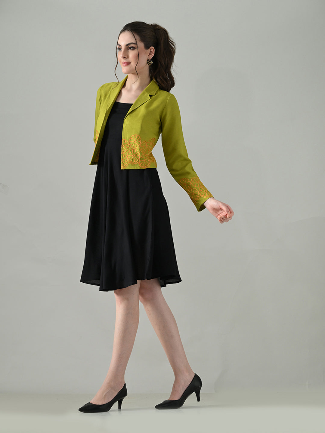 Myshka Women Green Embroidered Jacket With Black Knee Length Dress