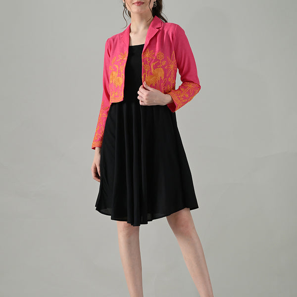Myshka Women Pink Embroidered Jacket With Black Knee Length Dress