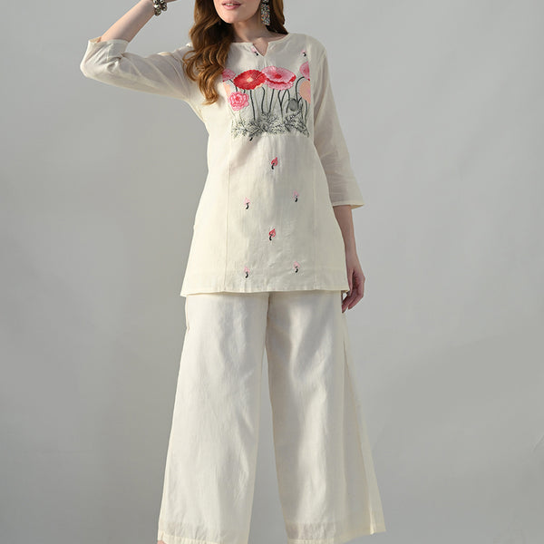 Myshka Women Off White Multicolor Thread Embroidered Co-Ord Set