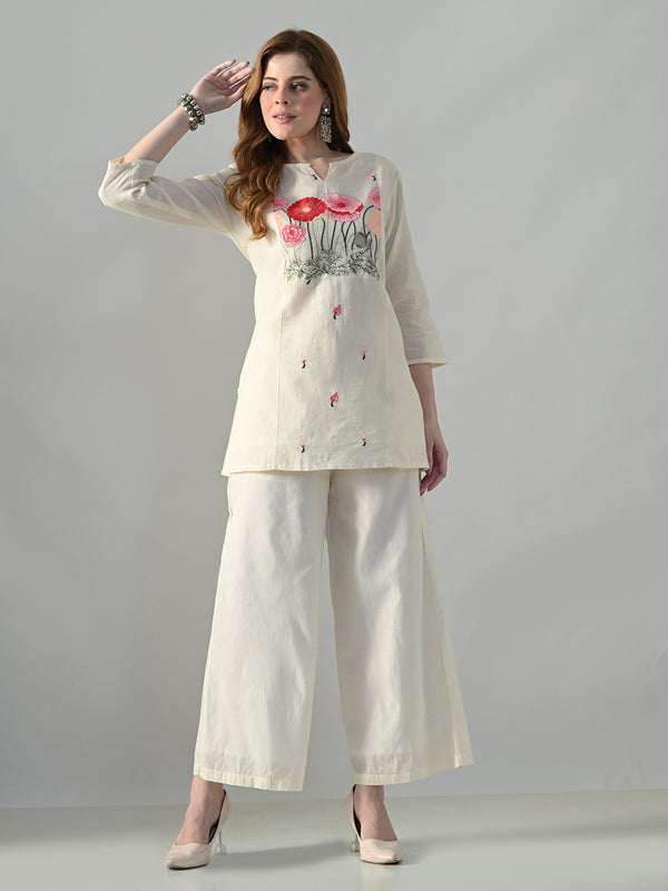 Myshka Women Off White Multicolor Thread Embroidered Co-Ord Set