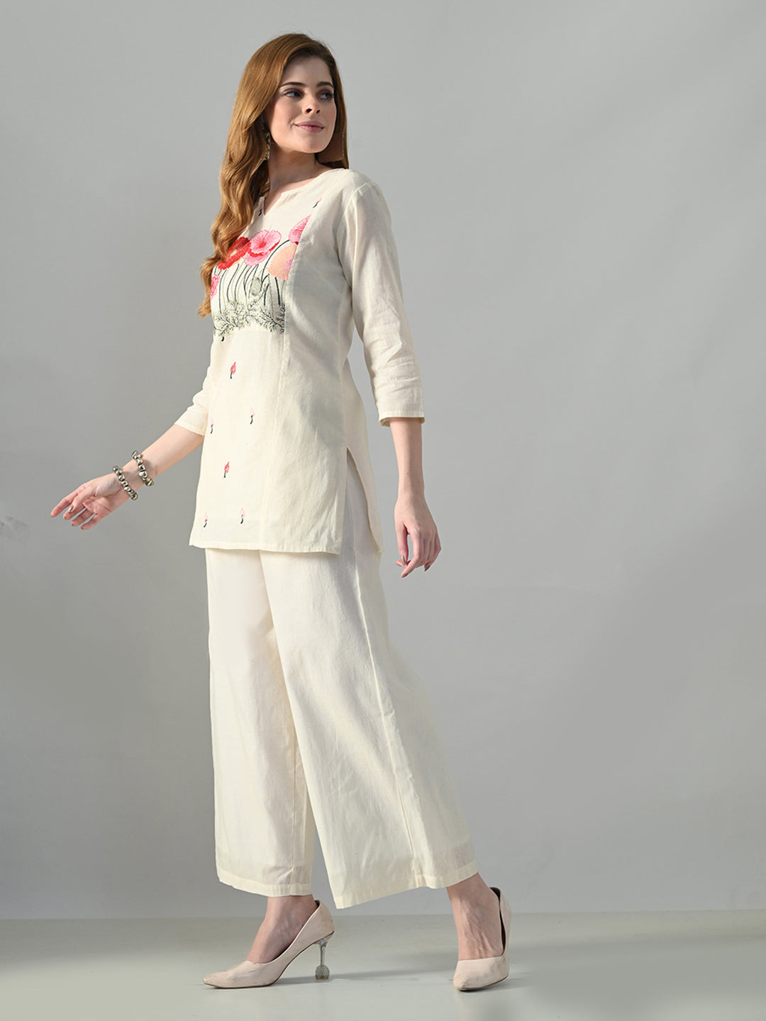 Myshka Women Off White Multicolor Thread Embroidered Co-Ord Set