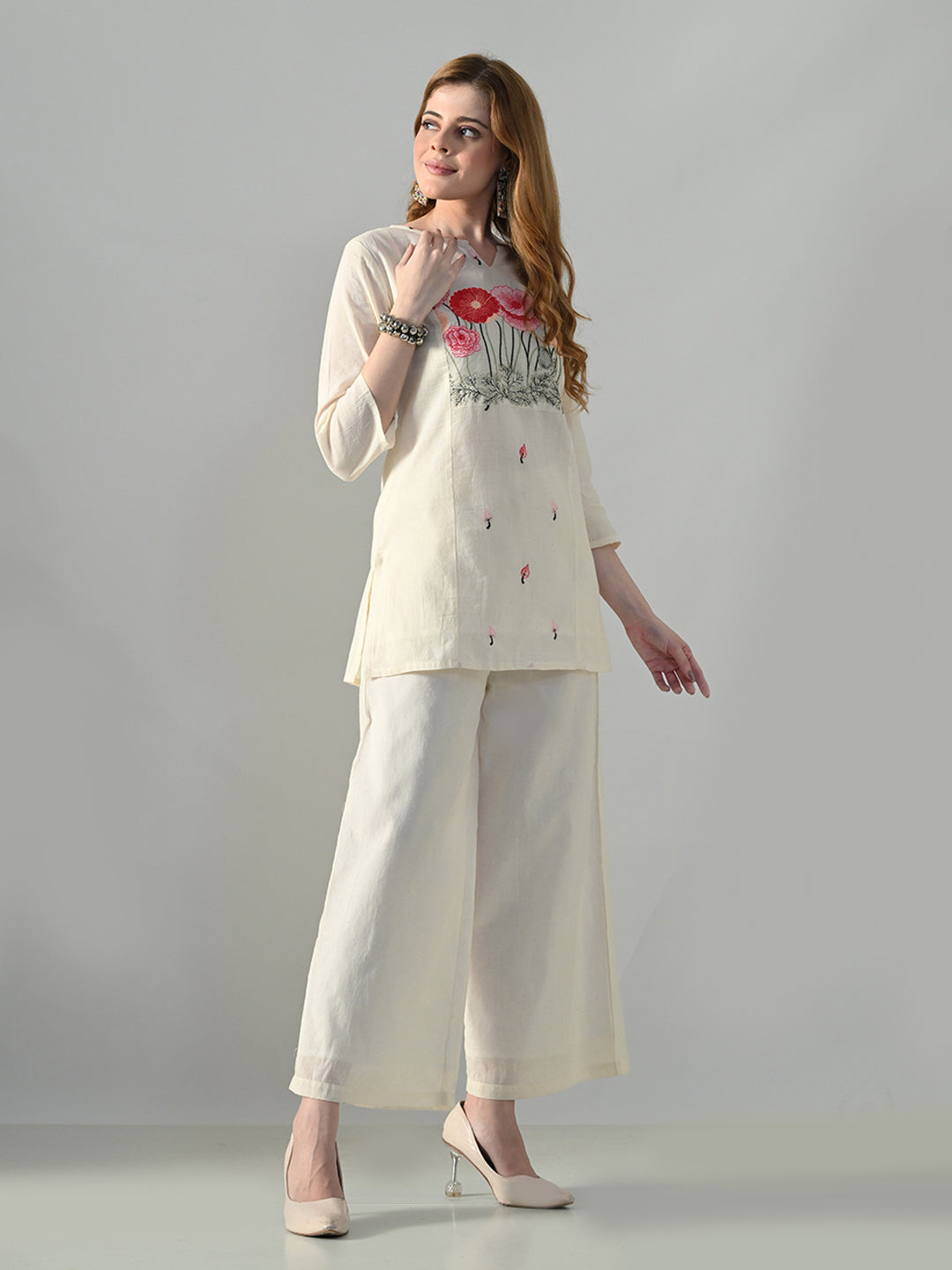 Myshka Women Off White Multicolor Thread Embroidered Co-Ord Set