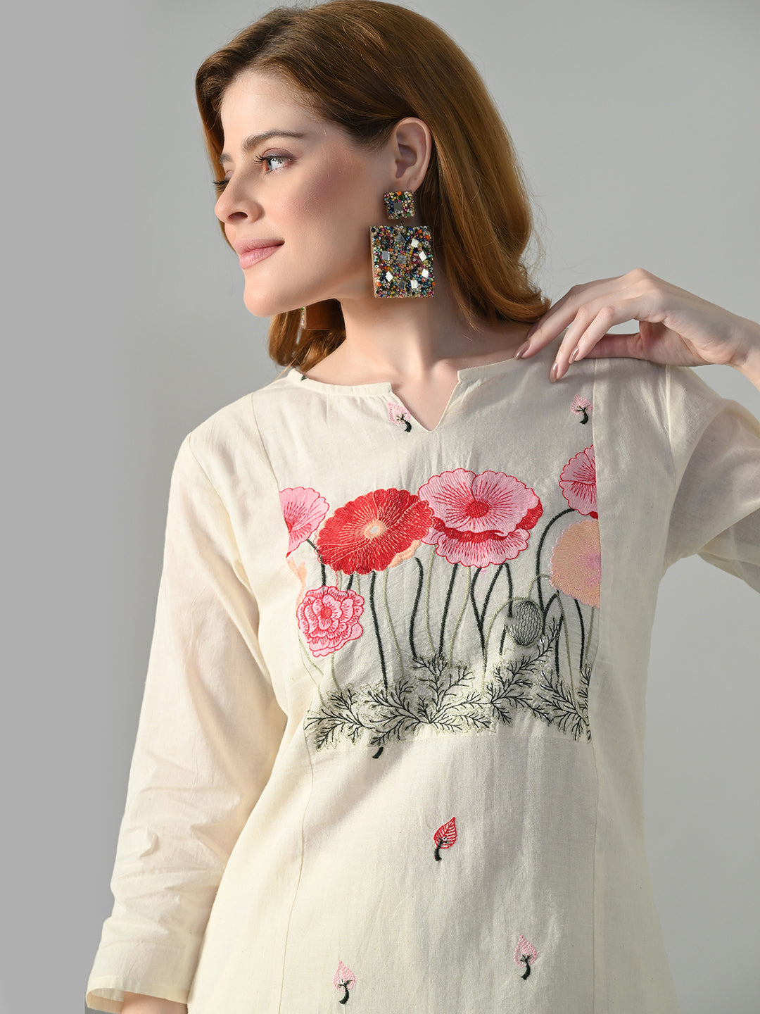 Myshka Women Off White Multicolor Thread Embroidered Co-Ord Set