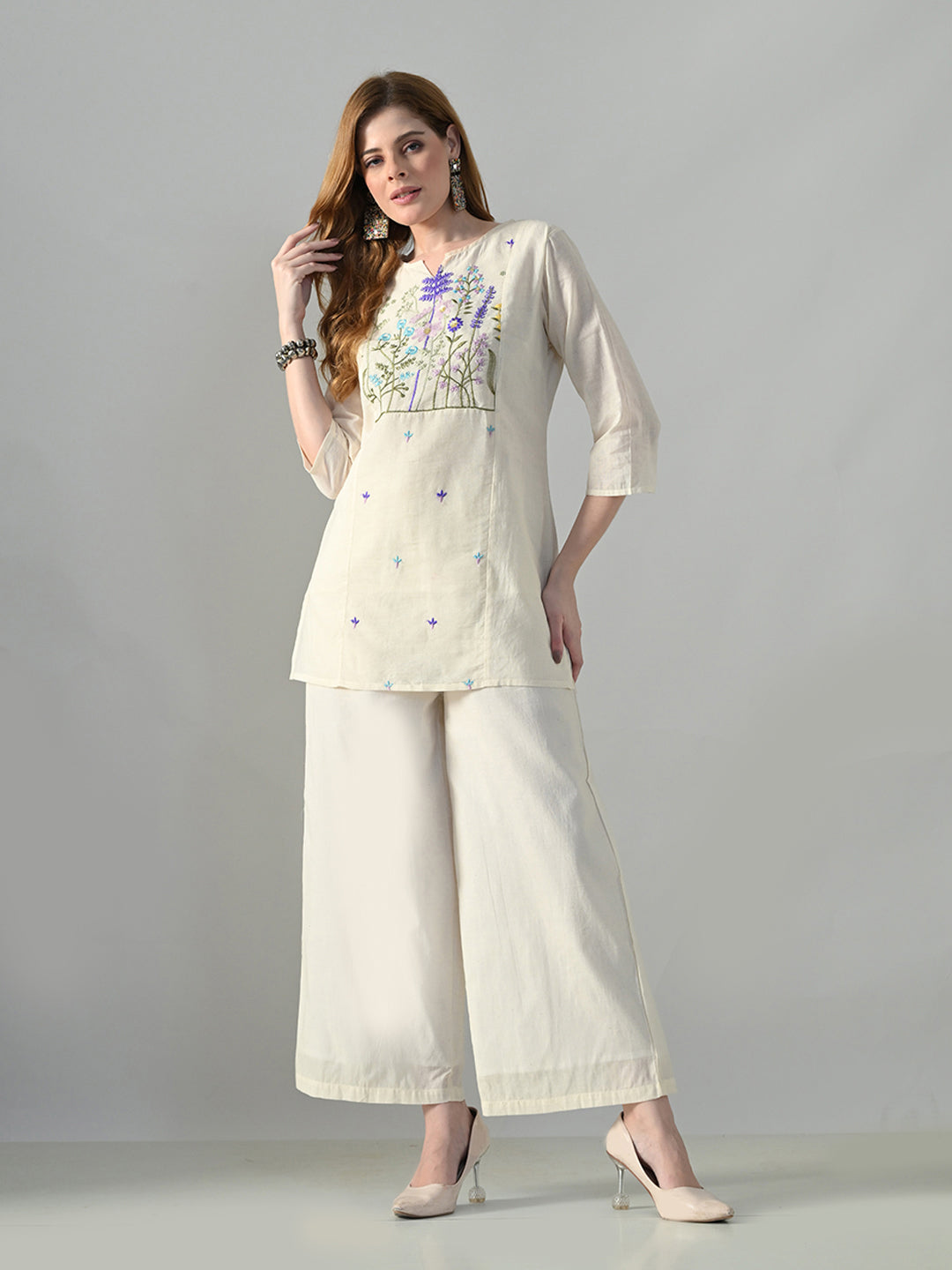 Myshka Women Off White Multicolor Thread Embroidered Co-Ord Set
