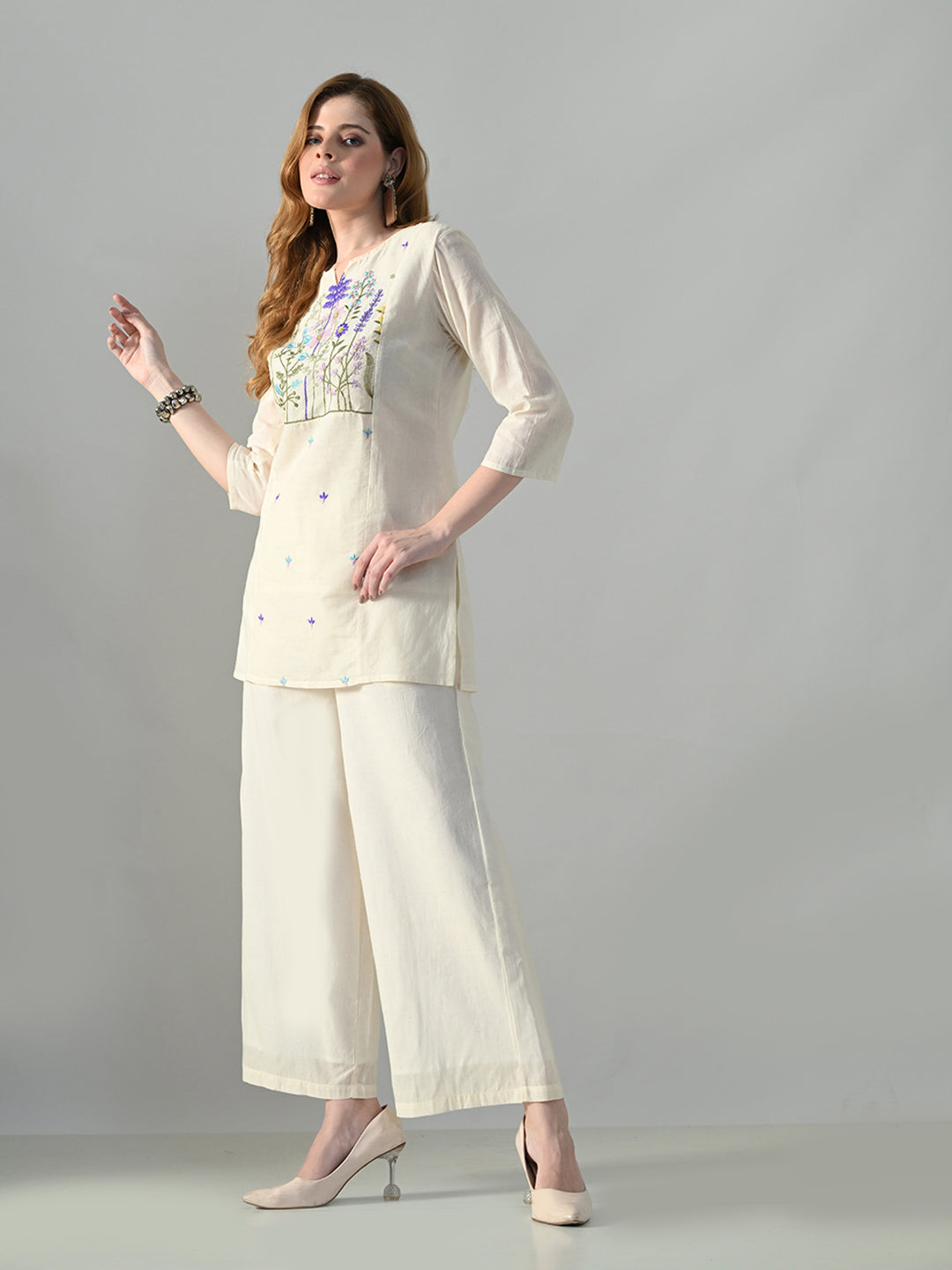 Myshka Women Off White Multicolor Thread Embroidered Co-Ord Set