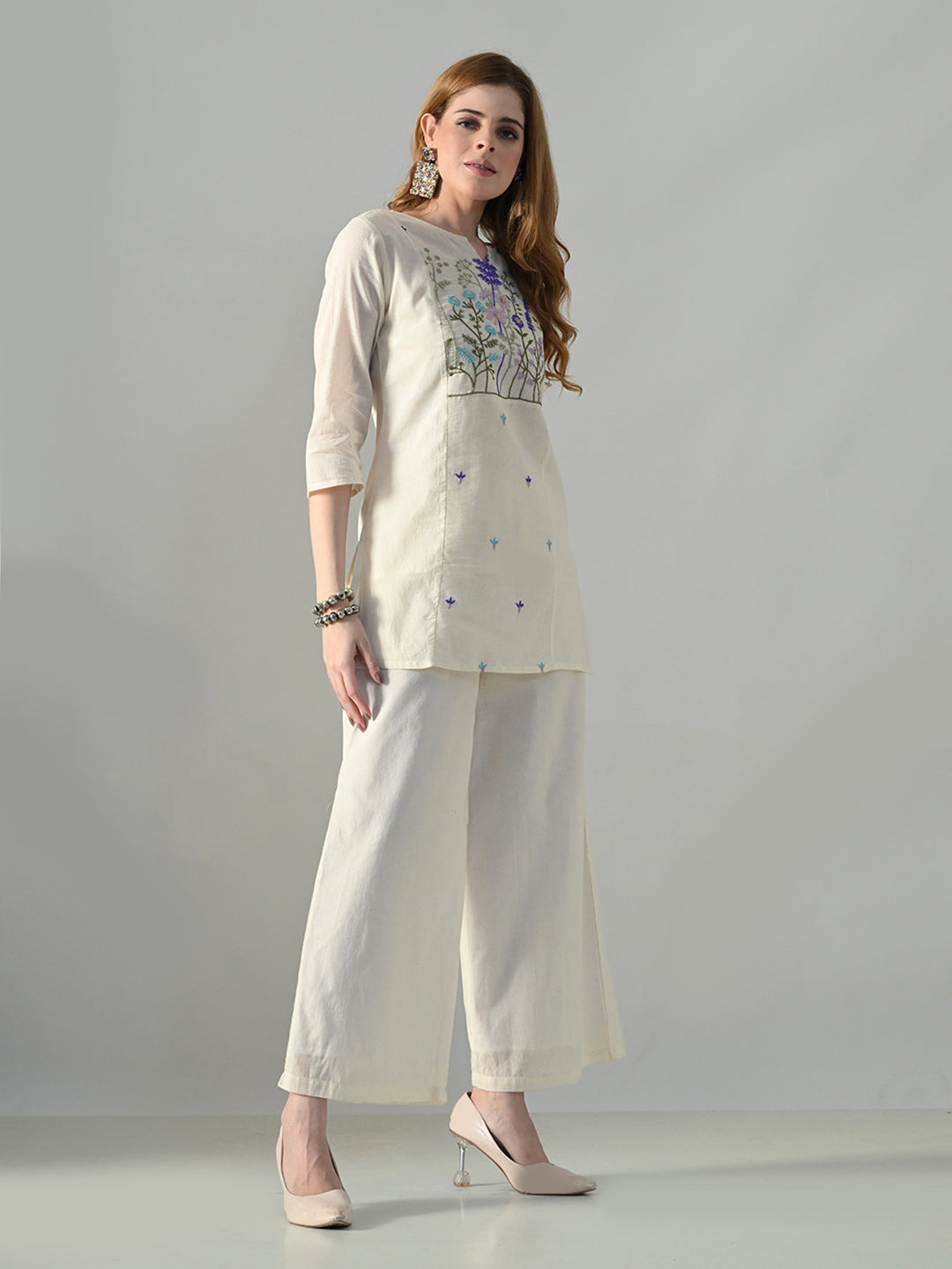Myshka Women Off White Multicolor Thread Embroidered Co-Ord Set