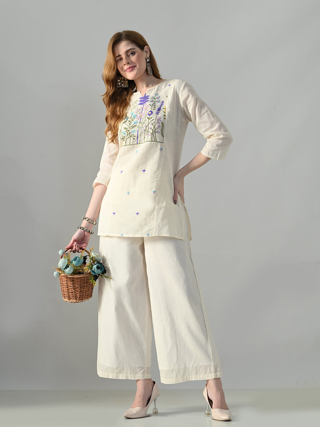 Myshka Women Off White Multicolor Thread Embroidered Co-Ord Set