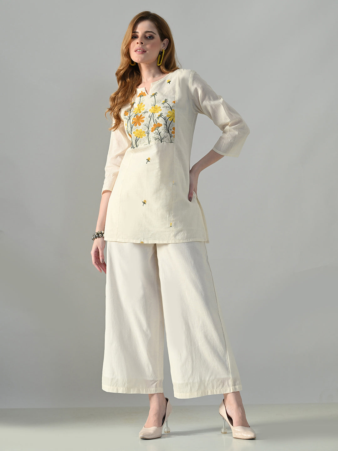 Myshka Women Off White Multicolor Thread Embroidered Co-Ord Set