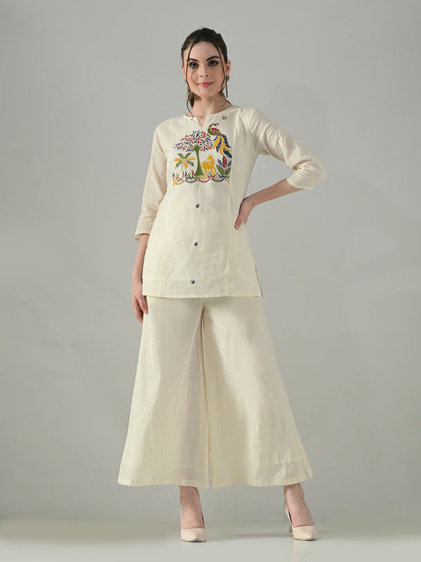 Myshka Women Off White Multicolor Thread Embroidered Co-Ord Set