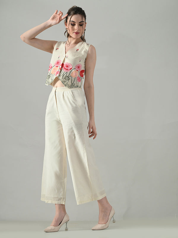 Myshka Women Off White Multicolor Thread Embroidered Co-Ord Set
