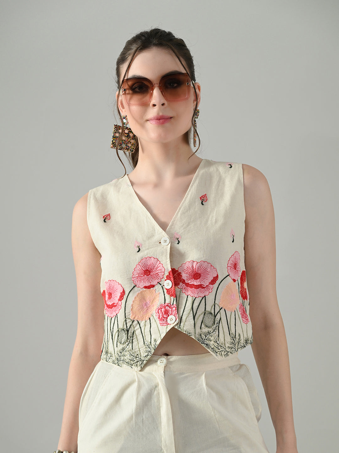 Myshka Women Off White Multicolor Thread Embroidered Co-Ord Set