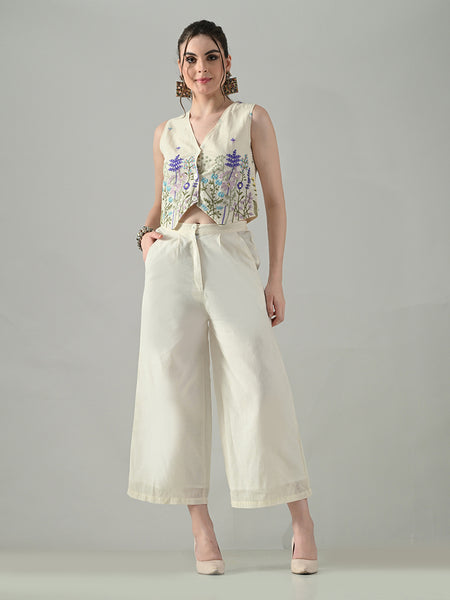 Myshka Women Off White Multicolor Thread Embroidered Co-Ord Set