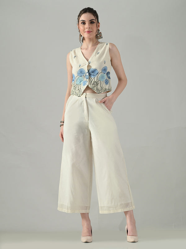 Myshka Women Off White Multicolor Thread Embroidered Co-Ord Set