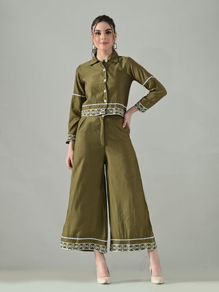 Myshka Women Olive Green Embroidered Co-Ord Set