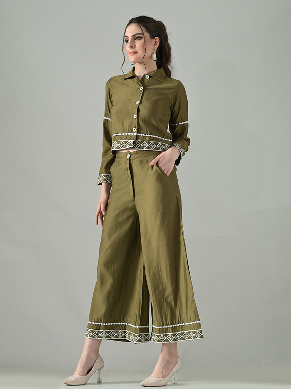 Myshka Women Olive Green Embroidered Co-Ord Set