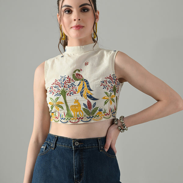 Myshka Women Off White Multicolor Thread Embroidered Saree Blouse