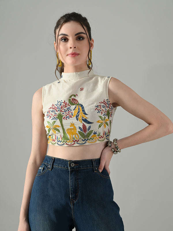 Myshka Women Off White Multicolor Thread Embroidered Saree Blouse