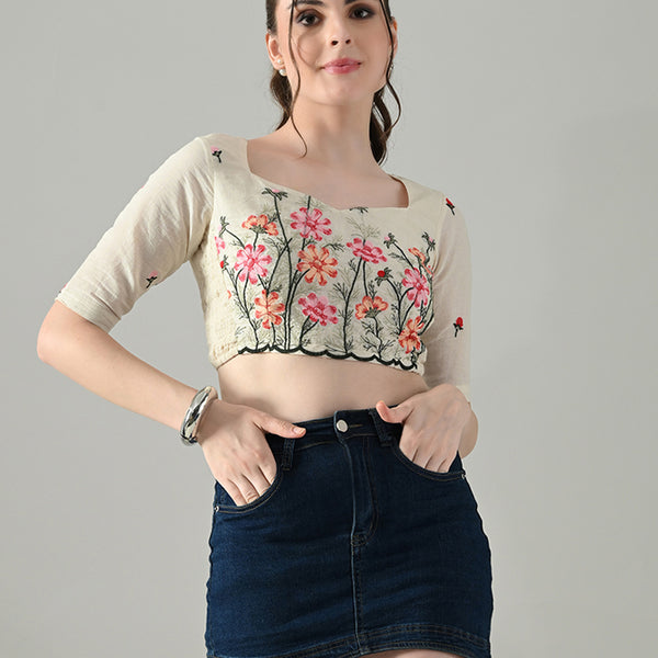 Myshka Women Off White Multicolor Thread Embroidered Saree Blouse