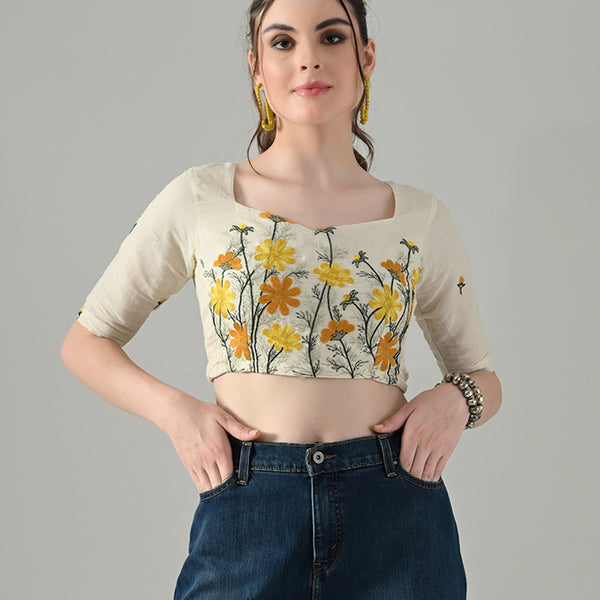 Myshka Women Off White Multicolor Thread Embroidered Saree Blouse