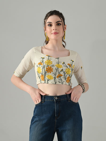 Myshka Women Off White Multicolor Thread Embroidered Saree Blouse