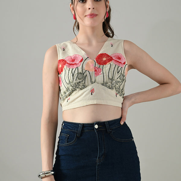 Myshka Women Off White Multicolor Thread Embroidered Saree Blouse