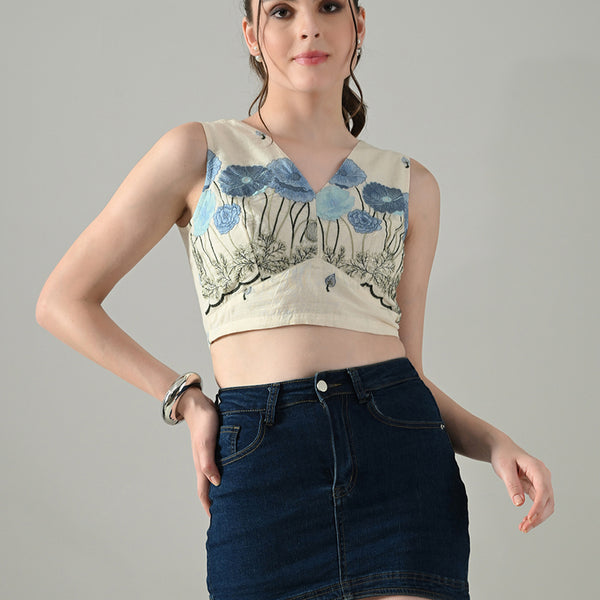 Myshka Women Off White Multicolor Thread Embroidered Saree Blouse