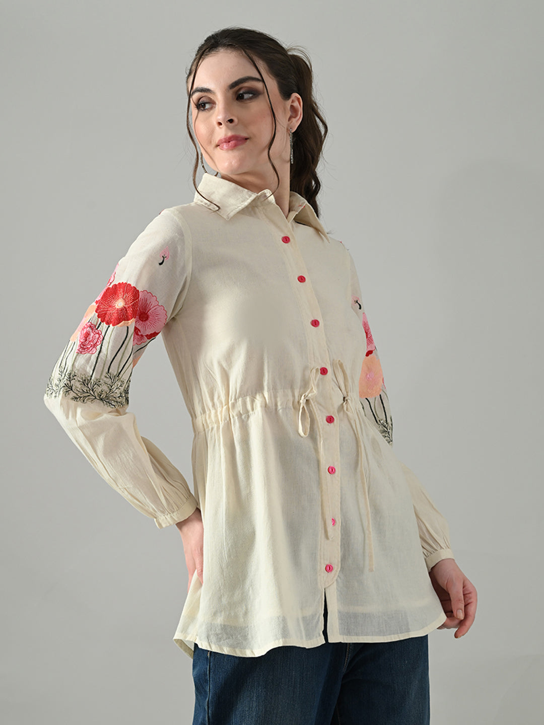 Myshka Women Off White Multicolor Thread Embroidered Shirt