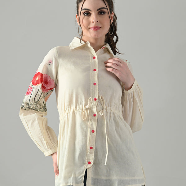 Myshka Women Off White Multicolor Thread Embroidered Shirt