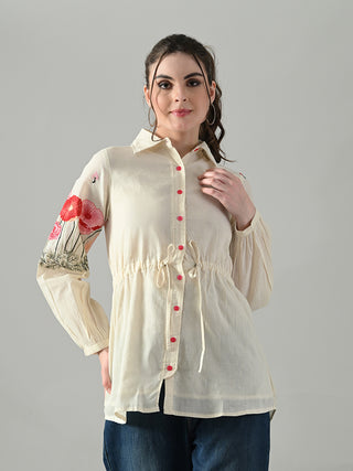 Myshka Women Off White Multicolor Thread Embroidered Shirt