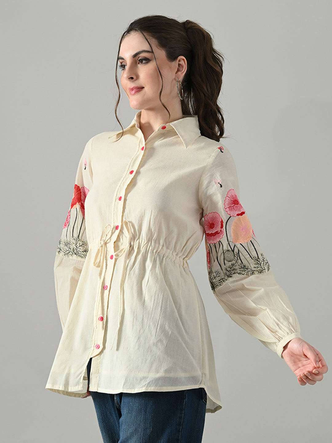 Myshka Women Off White Multicolor Thread Embroidered Shirt