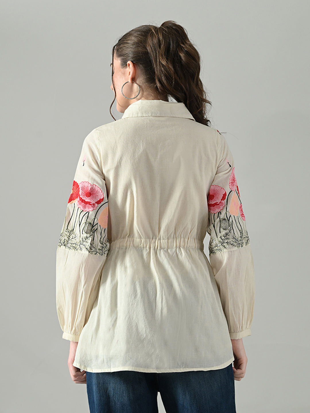 Myshka Women Off White Multicolor Thread Embroidered Shirt