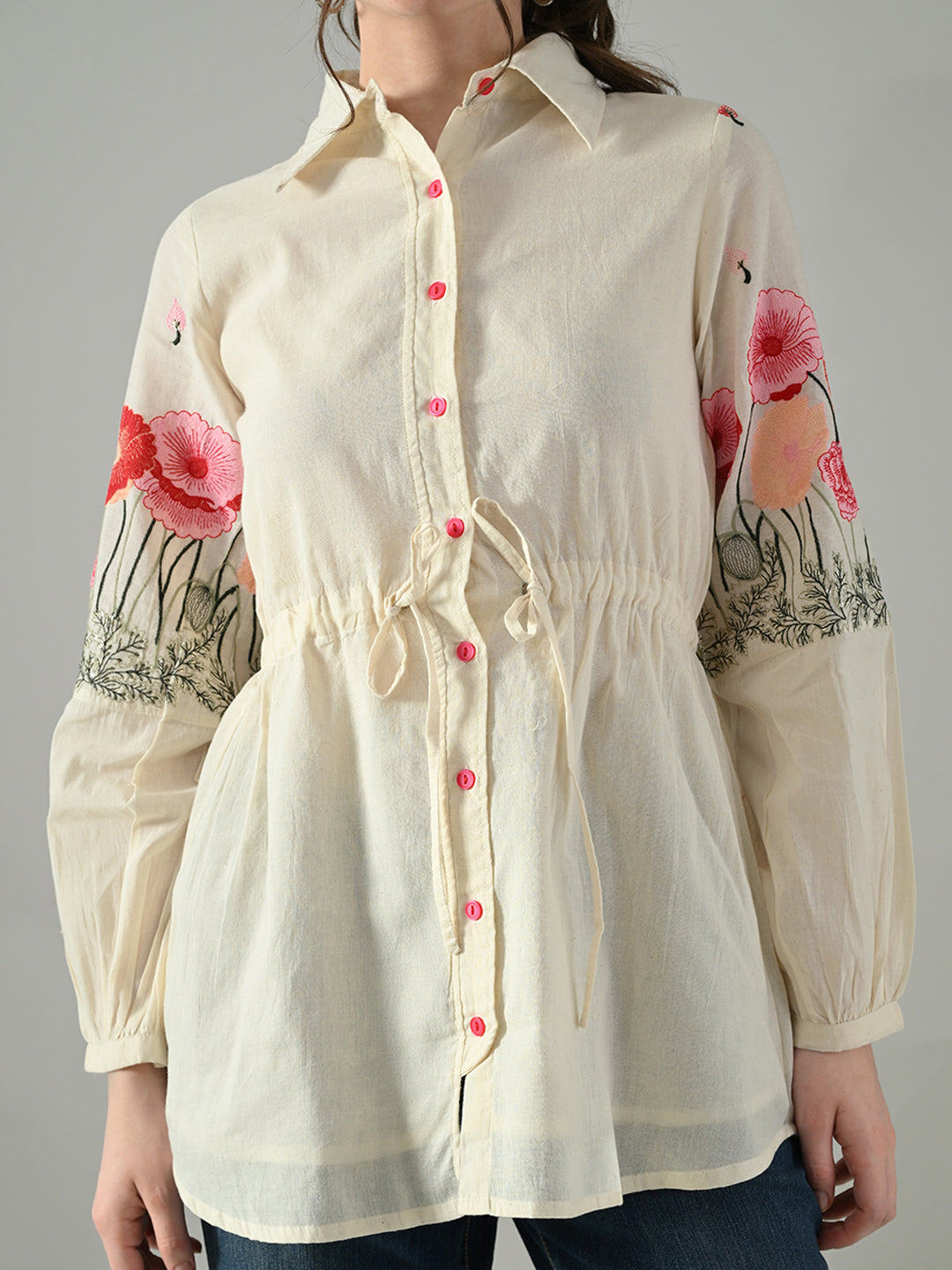 Myshka Women Off White Multicolor Thread Embroidered Shirt