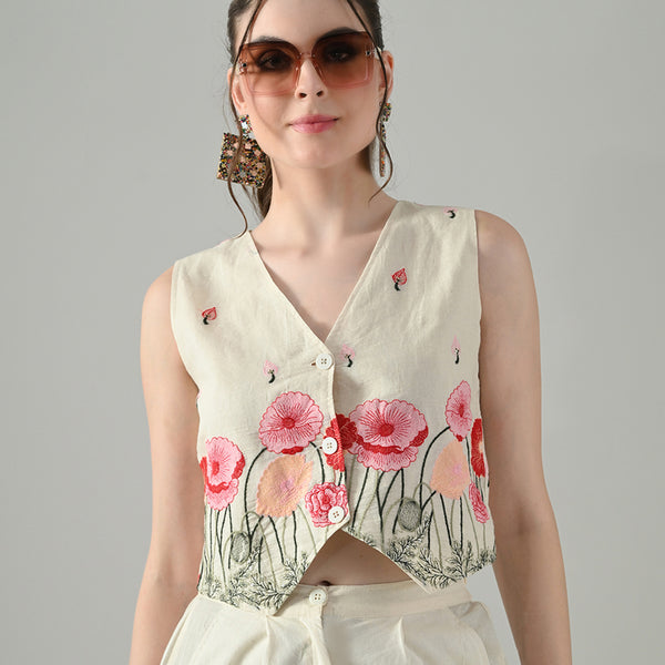 Myshka Women Off White Multicolor Thread Embroidered Waistcoat