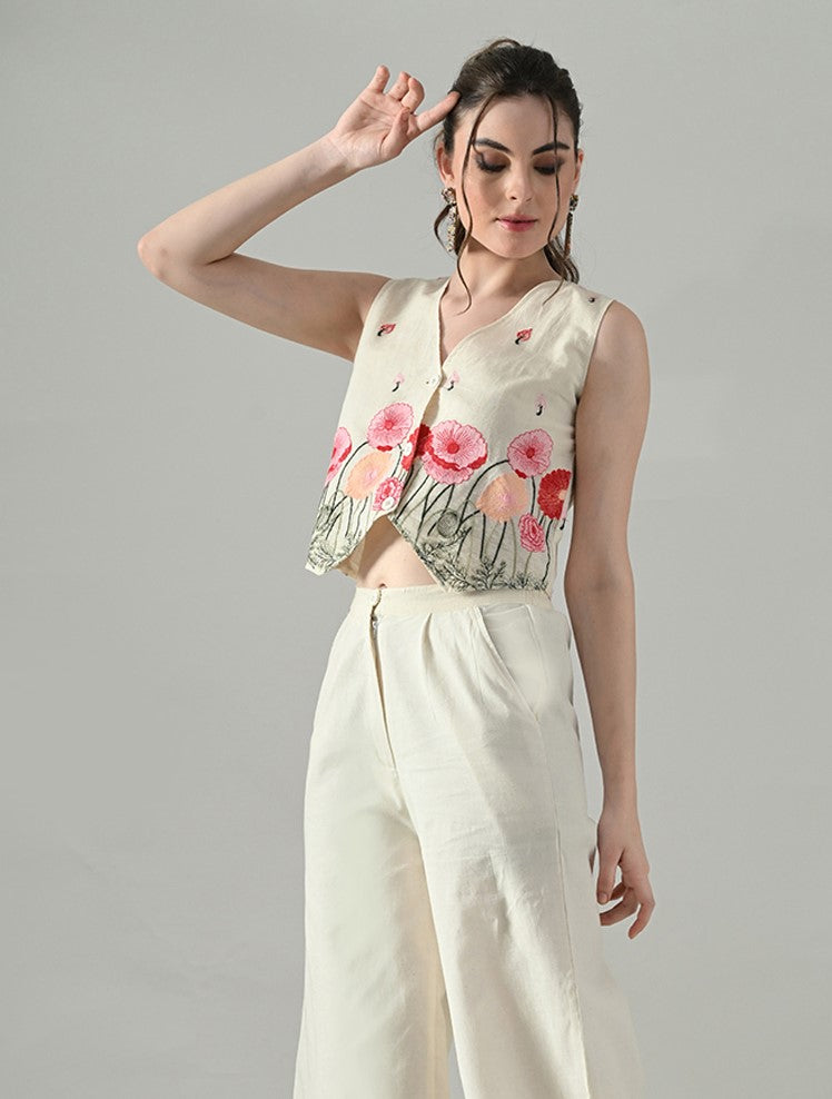 Myshka Women Off White Multicolor Thread Embroidered Waistcoat