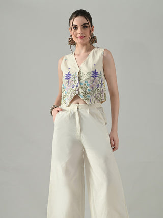 Myshka Women Off White Multicolor Thread Embroidered Waistcoat
