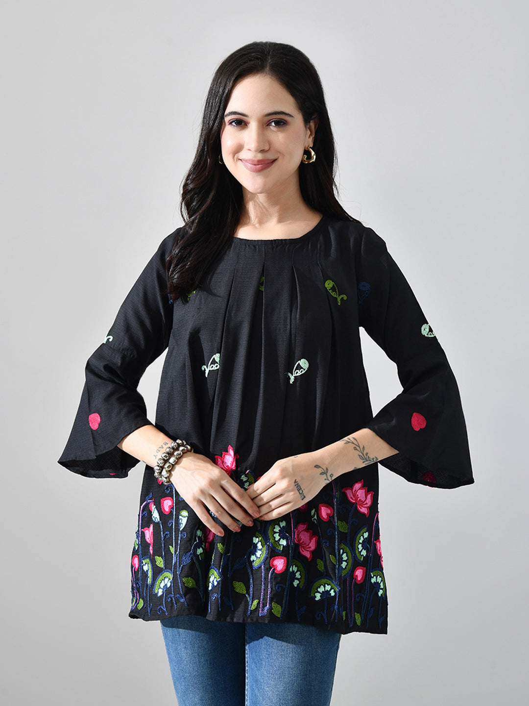 Myshka Women Black Multicolor Thread Embroidered Three-Quarter Sleeve Top