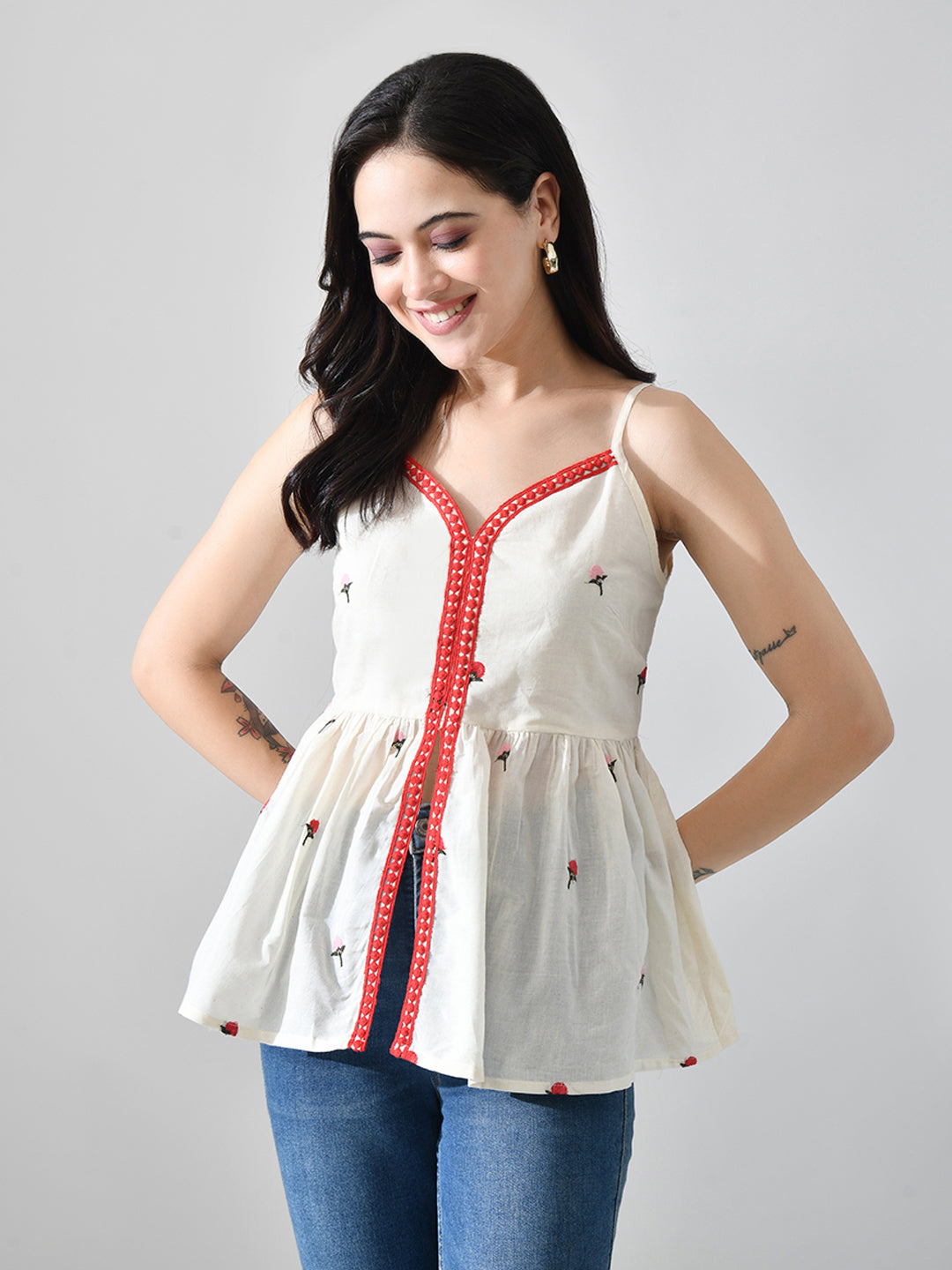 Myshka Women Off White Multicolor Thread Embroidered Strap Top