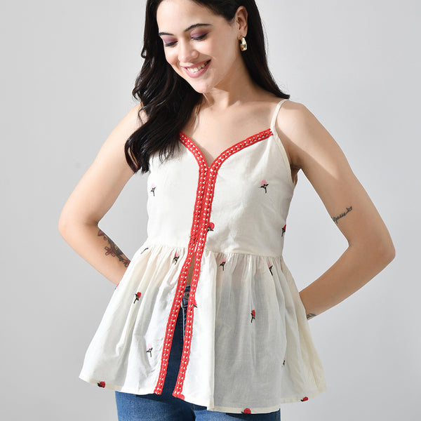 Myshka Women Off White Multicolor Thread Embroidered Strap Top