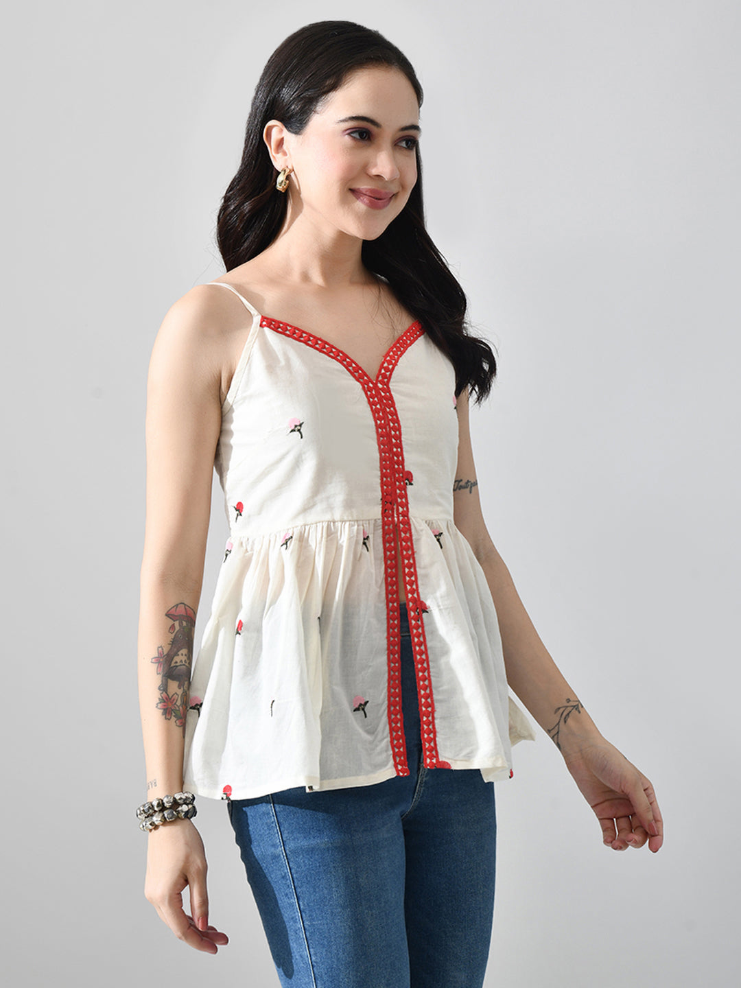 Myshka Women Off White Multicolor Thread Embroidered Strap Top