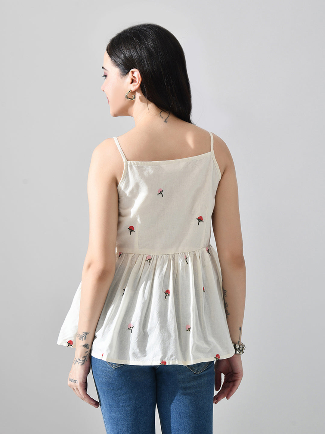 Myshka Women Off White Multicolor Thread Embroidered Strap Top