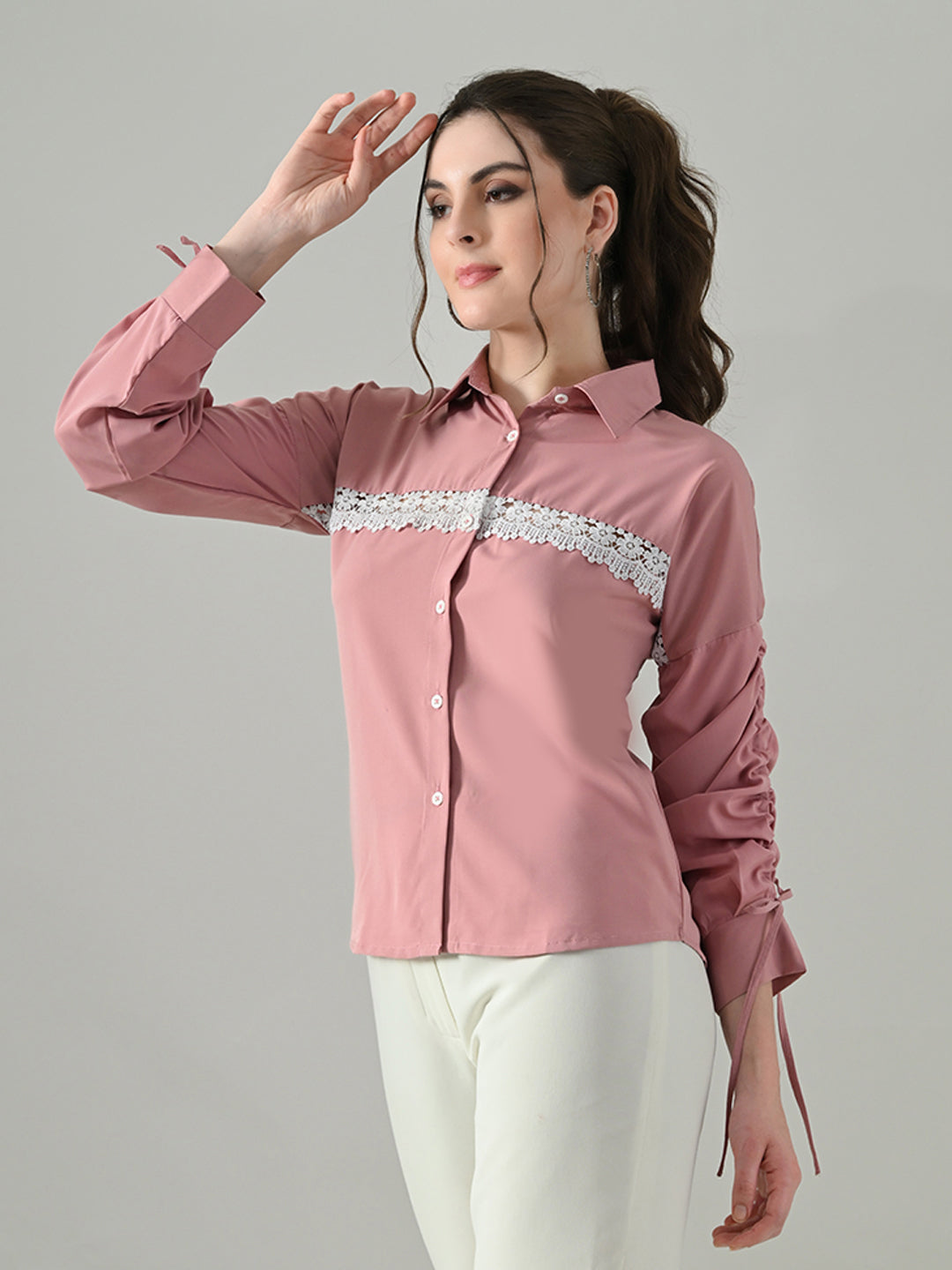 Myshka Women Pink Lace Embellished Shirt