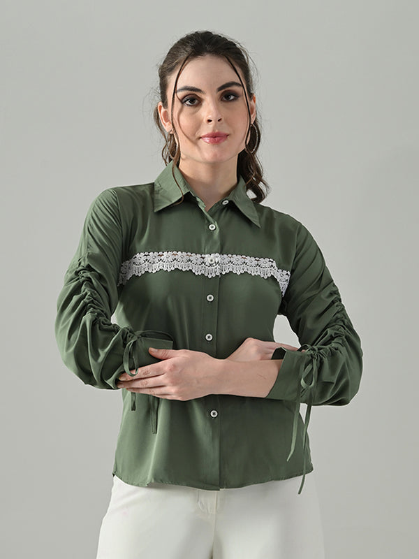 Myshka Women Green Lace Embellished Shirt