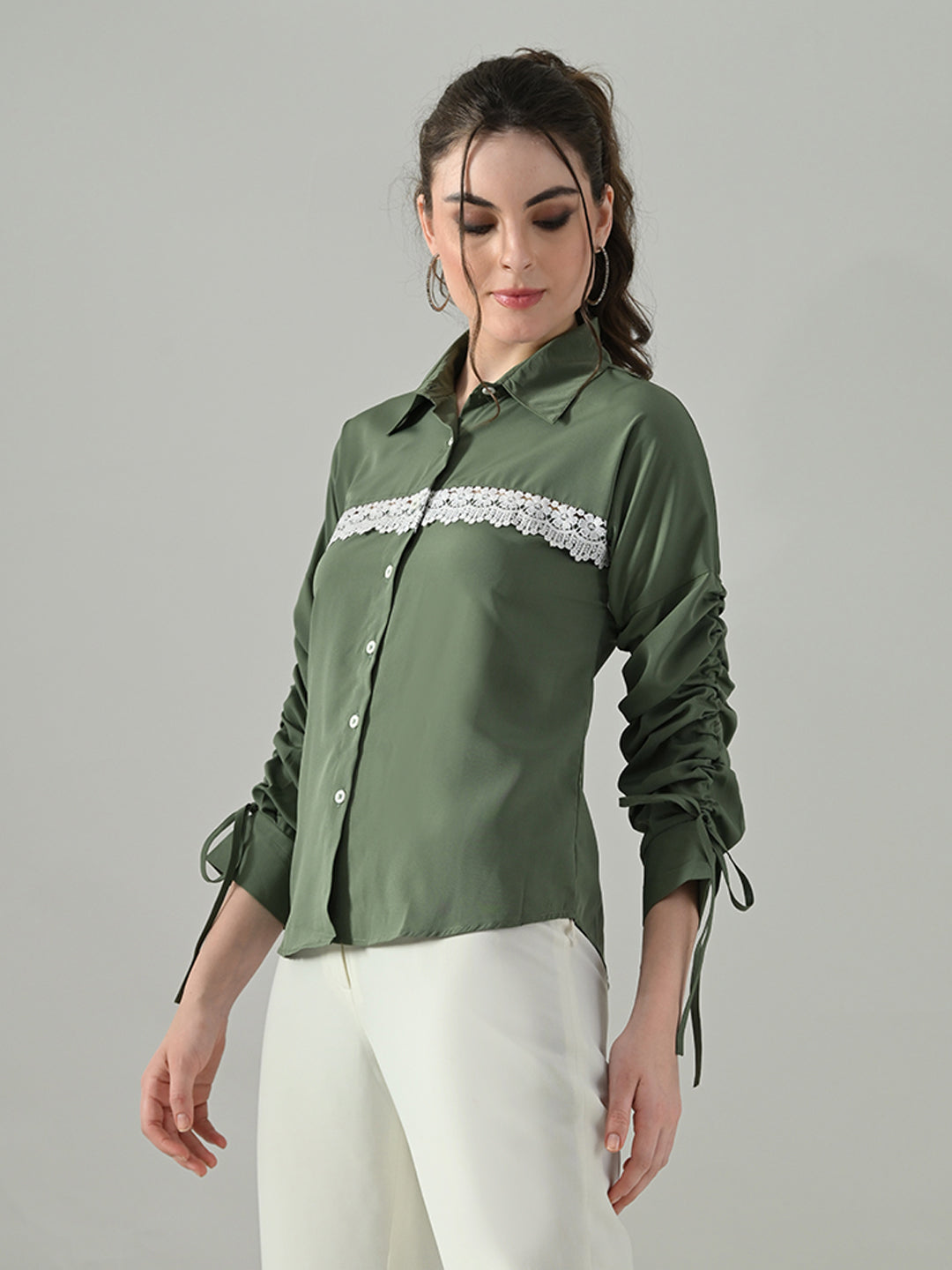 Myshka Women Green Lace Embellished Shirt