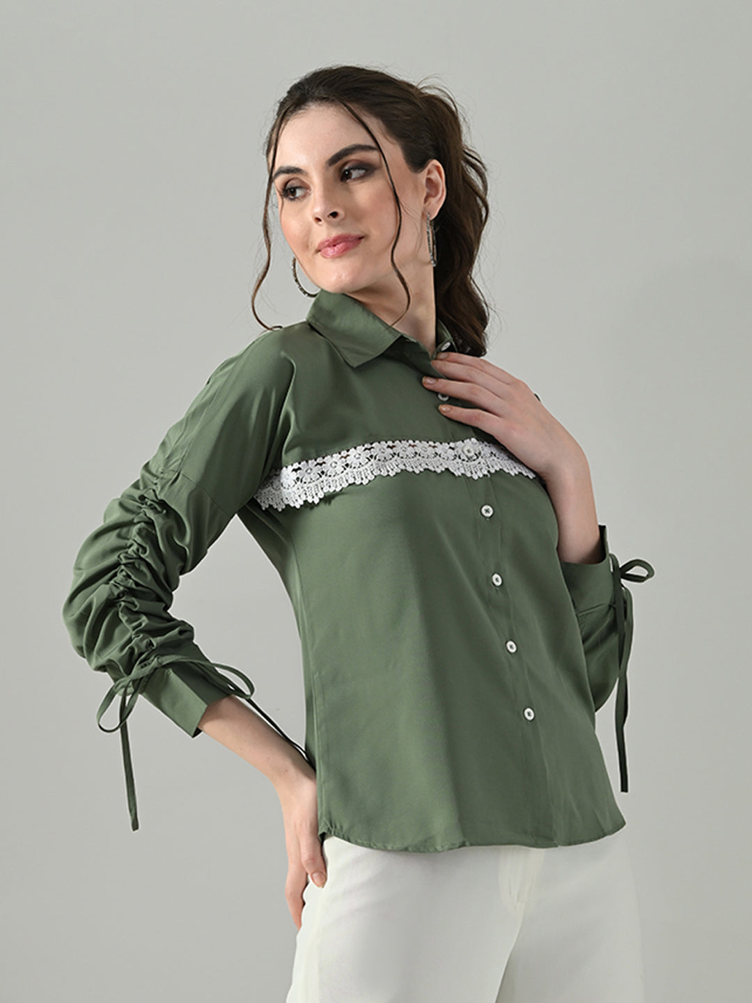 Myshka Women Green Lace Embellished Shirt