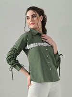 Thumbnail for Myshka Women Green Lace Embellished Shirt