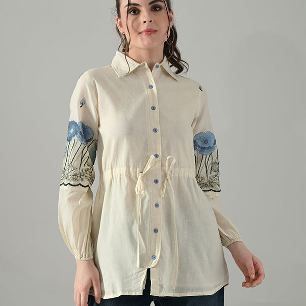 Myshka Women Off White Multicolor Thread Embroidered Shirt