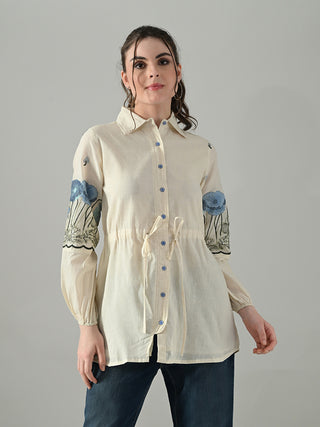 Myshka Women Off White Multicolor Thread Embroidered Shirt