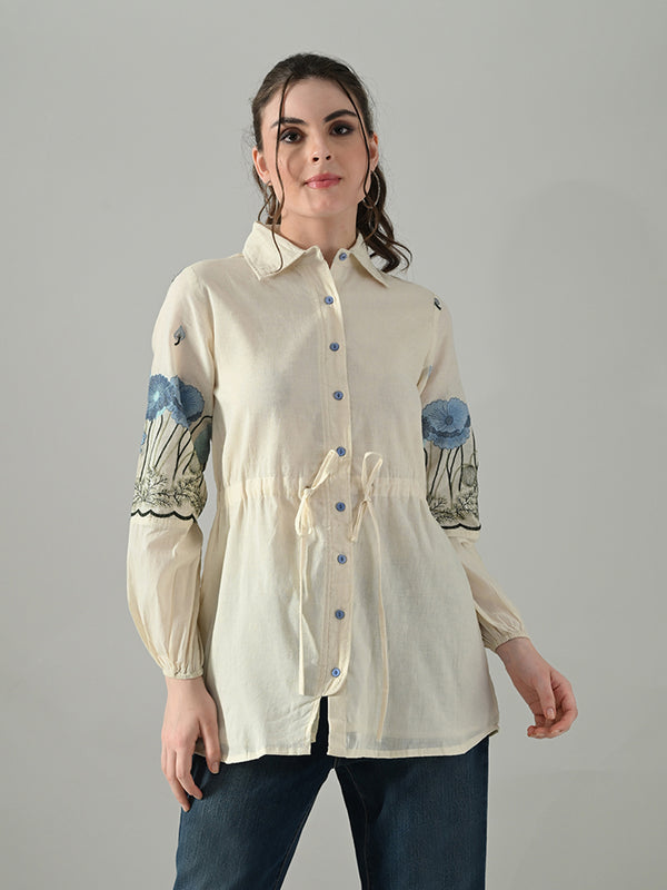 Myshka Women Off White Multicolor Thread Embroidered Shirt