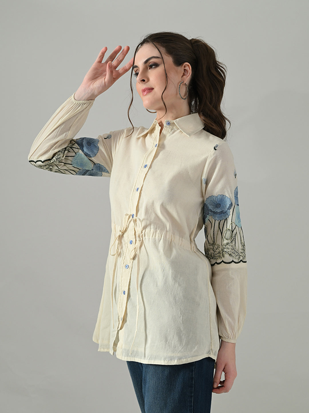 Myshka Women Off White Multicolor Thread Embroidered Shirt